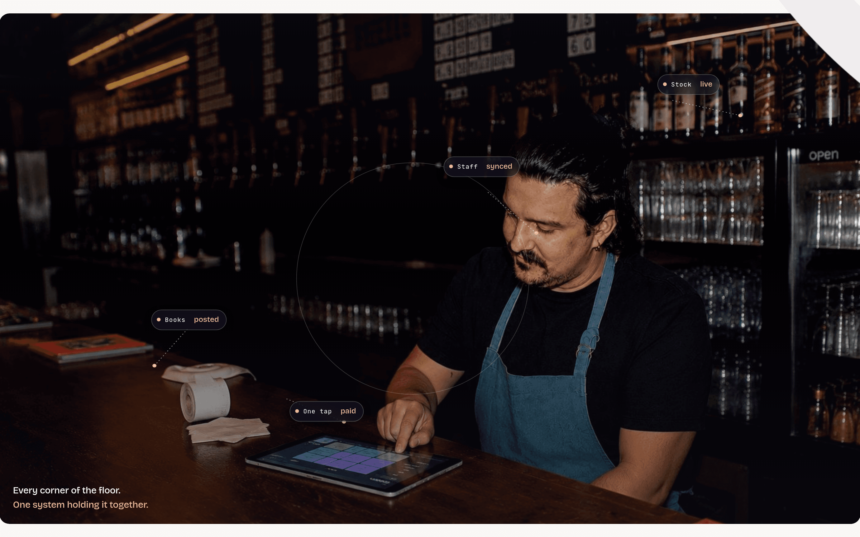 Nya openpos.tech: startsidans hero med ett restaurangfoto och etiketterna One tap · paid, Books · posted och Stock · live.
